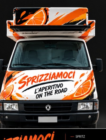 Il food truck Sprizziamoci, vista frontale con la grafica del brand
